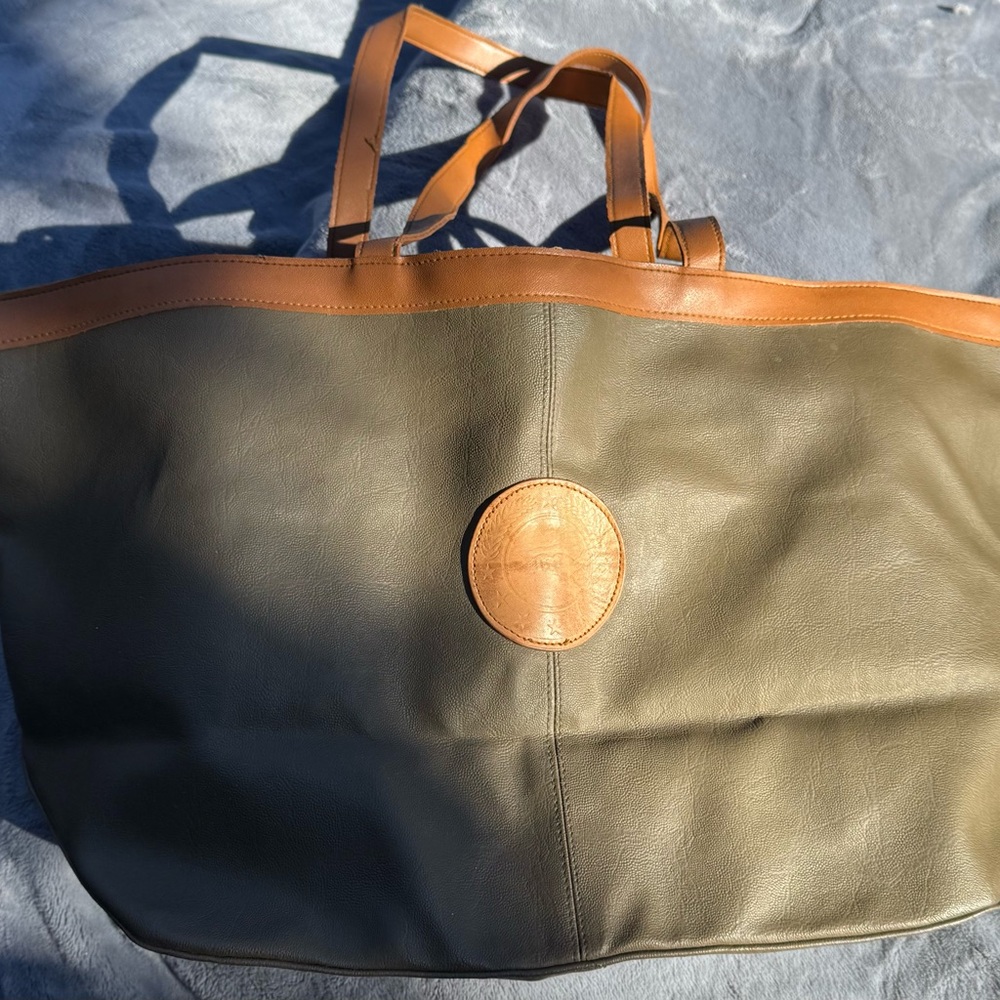 Vintage Leather Tote Bag - Olive and Tan